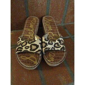 SAM EDELMAN Slide Sandals Sz 8.5Leopard Print Pony Hair Cork Platform Wedge REID
